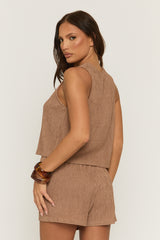 Brown Crinkle Tie Front Top & Shorts Co-ord Set - Stephanie