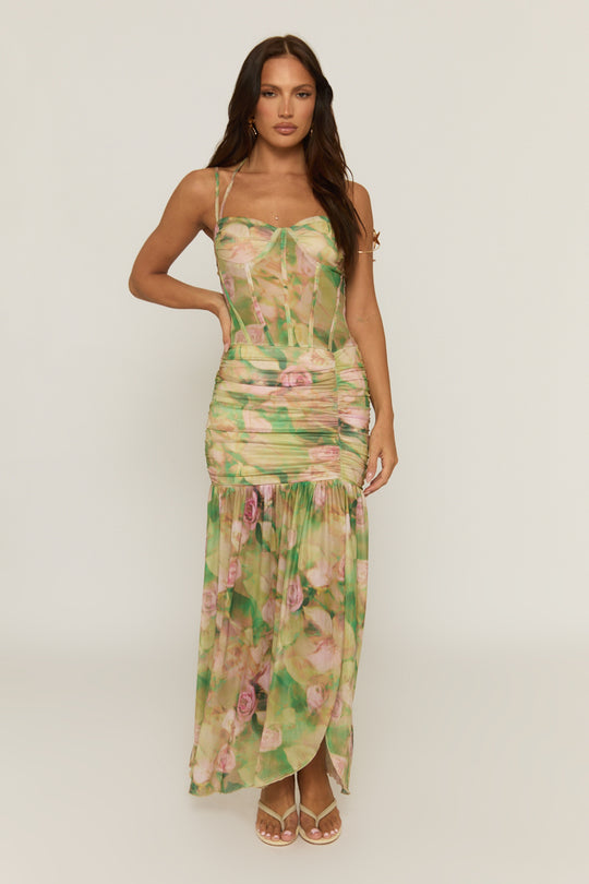 Green Floral Corsetted Maxi Dress - Tonie