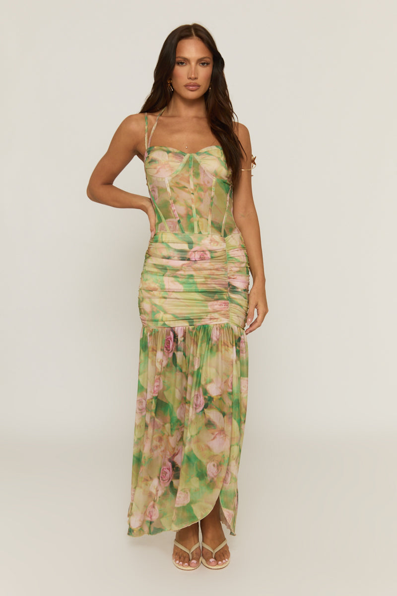 Green Floral Corsetted Maxi Dress - Tonie
