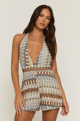 Brown Printed Halterneck Playsuit - Selena