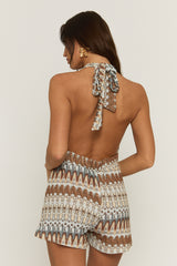 Brown Printed Halterneck Playsuit - Selena