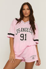 Pink Oversized Varsity Football T-shirt and Shorts Set - Fiji