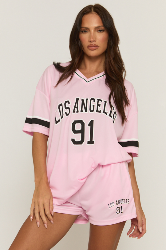 Pink Oversized Varsity Football T-shirt and Shorts Set - Fiji