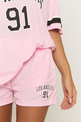 Pink Oversized Varsity Football T-shirt and Shorts Set - Fiji