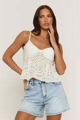 White Broderie Pleat Detail Cami Top - Martha
