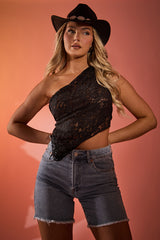 Black Lace Tie Back Asymmetric Top - Adia