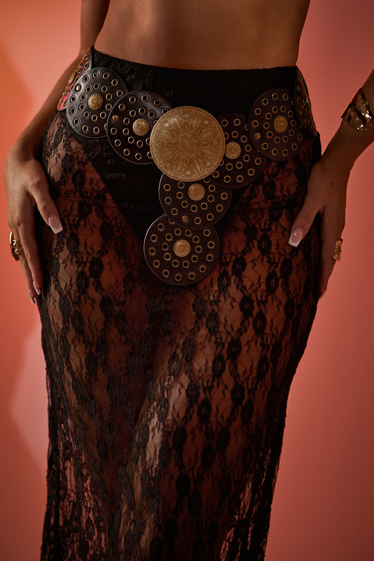 Black Faux Leather Gold Disc Western Detail Belt - Lilia