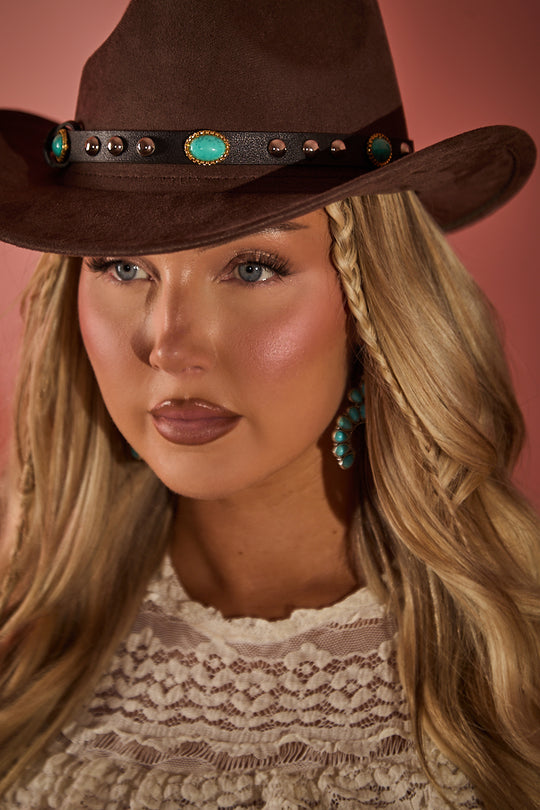 Brown Faux Suede Pendant Detail Cowboy Hat - Milia