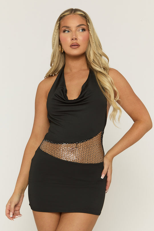 Black Cowl Diamante Mesh Mini Dress - Katerina