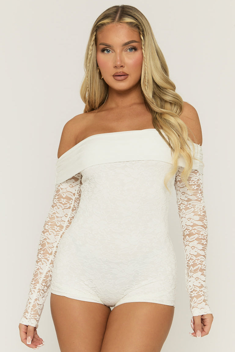 White Lace Bardot Playsuit - Irena