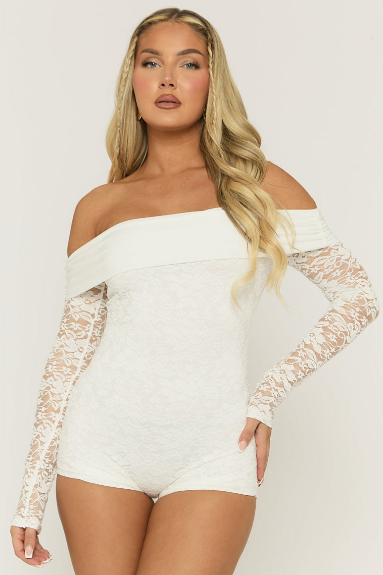 White Lace Bardot Playsuit - Irena