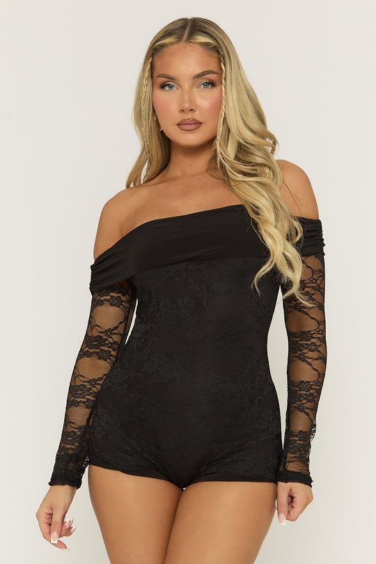Black Lace Bardot Playsuit - Irena