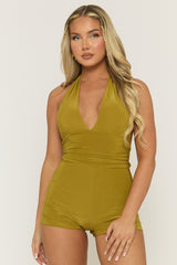 Green Halter Neck Plunge Tie Back Playsuit - Florine