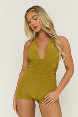Green Halter Neck Plunge Tie Back Playsuit - Florine