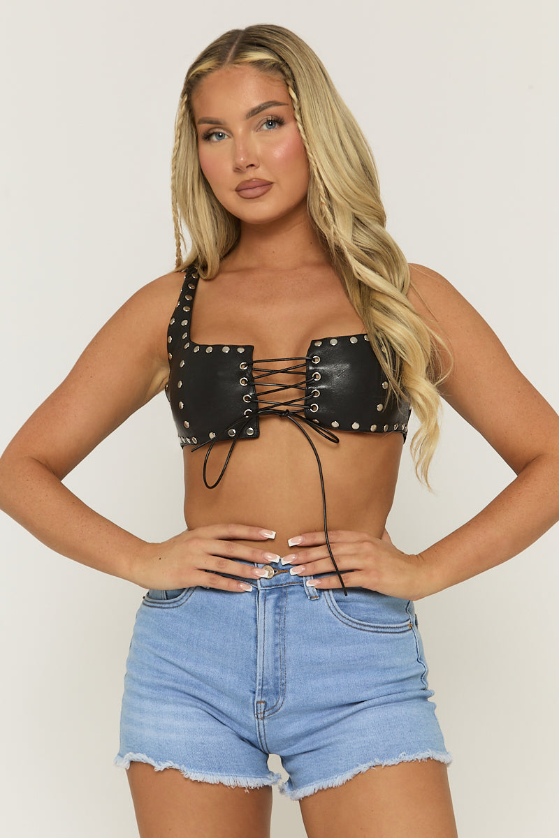 Black Faux Leather Stud Detail Bralette - Fiorella