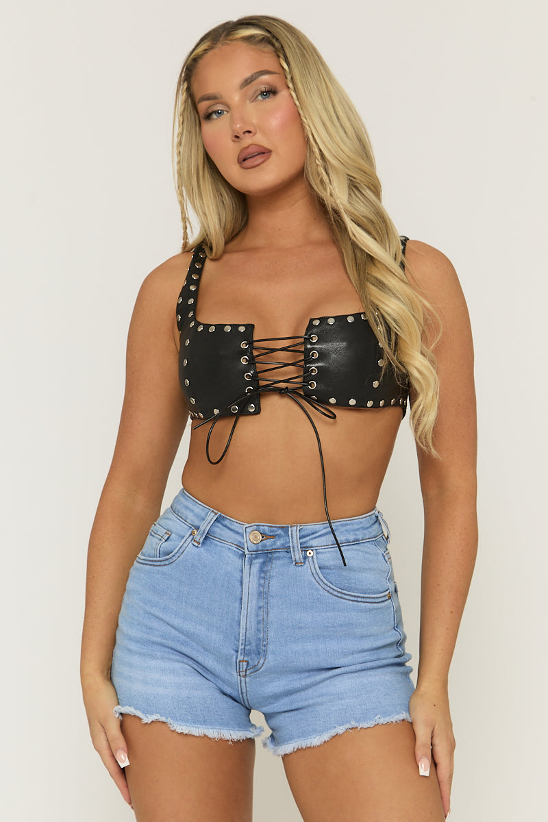 Black Faux Leather Stud Detail Bralette - Fiorella