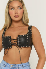 Black Faux Leather Stud Detail Bralette - Fiorella