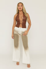 Tan Faux Leather Lace Front Halter Top - Roksana