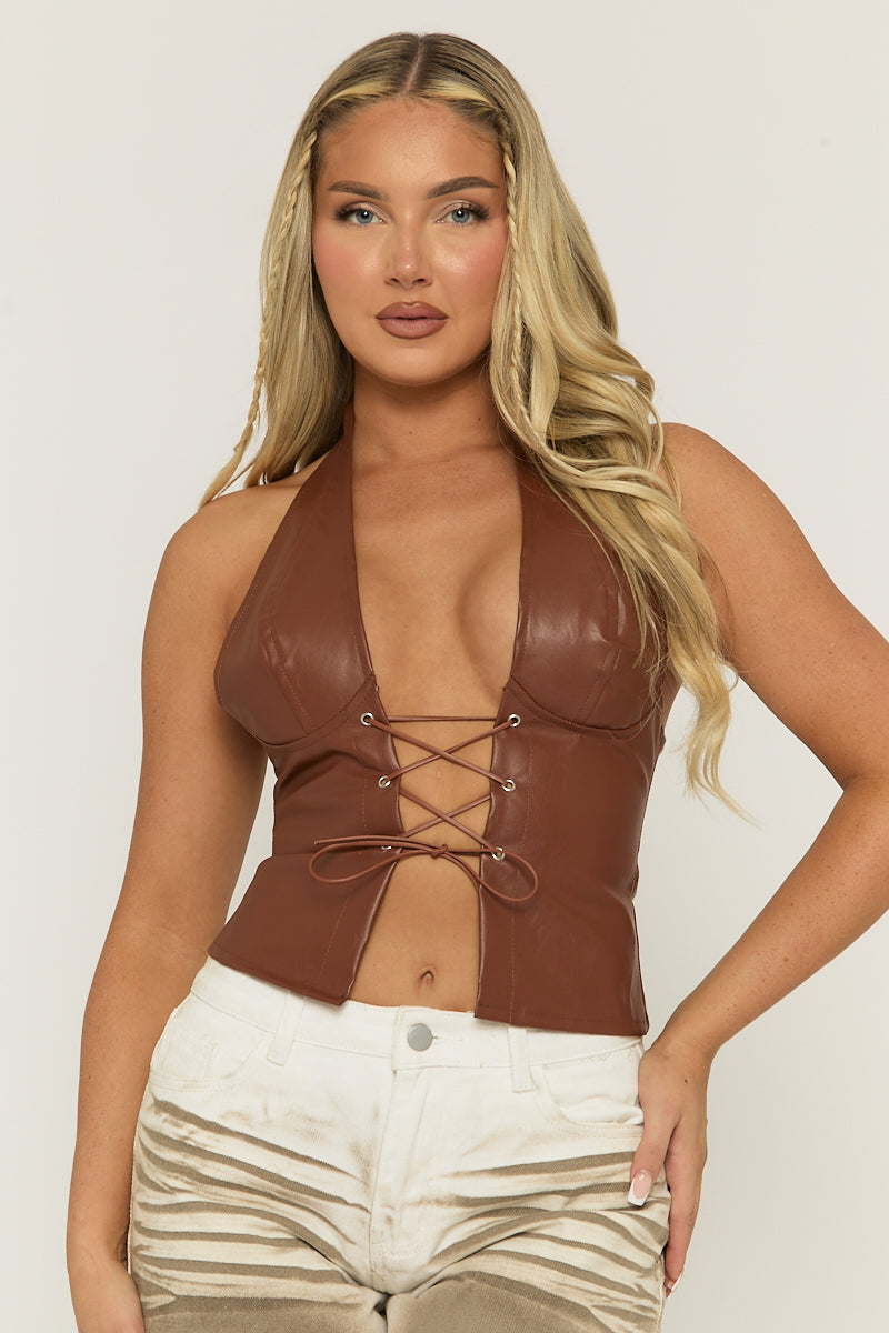 Tan Faux Leather Lace Front Halter Top - Roksana