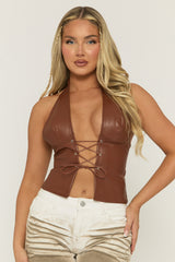 Tan Faux Leather Lace Front Halter Top - Roksana