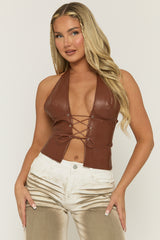 Tan Faux Leather Lace Front Halter Top - Roksana