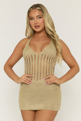 Gold Crochet Halterneck Dress - Fernanda