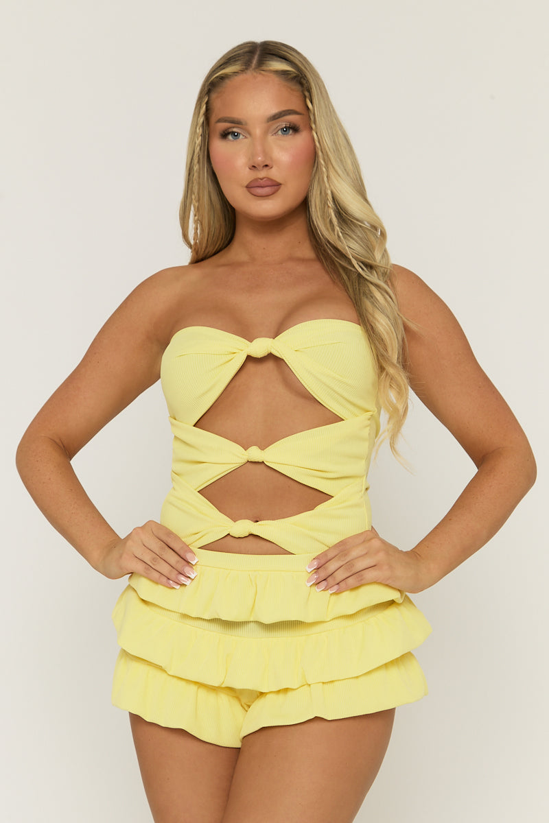 Yellow Knot Detail Bodysuit & Tiered Mini Skort Co-ord Set - Abigail