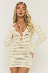 Cream Crochet Long Sleeve Mini Dress - Odessie