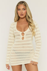 Cream Crochet Long Sleeve Mini Dress - Odessie