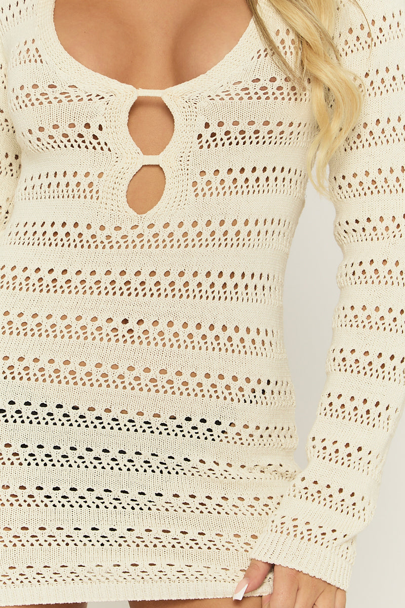 Cream Crochet Long Sleeve Mini Dress - Odessie