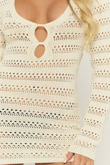 Cream Crochet Long Sleeve Mini Dress - Odessie