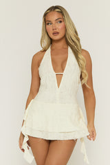 Cream Distressed Plunge Mini Dress - Imelda