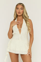 Cream Distressed Plunge Mini Dress - Imelda