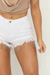 White Fringe Diamante Denim Shorts - Etty