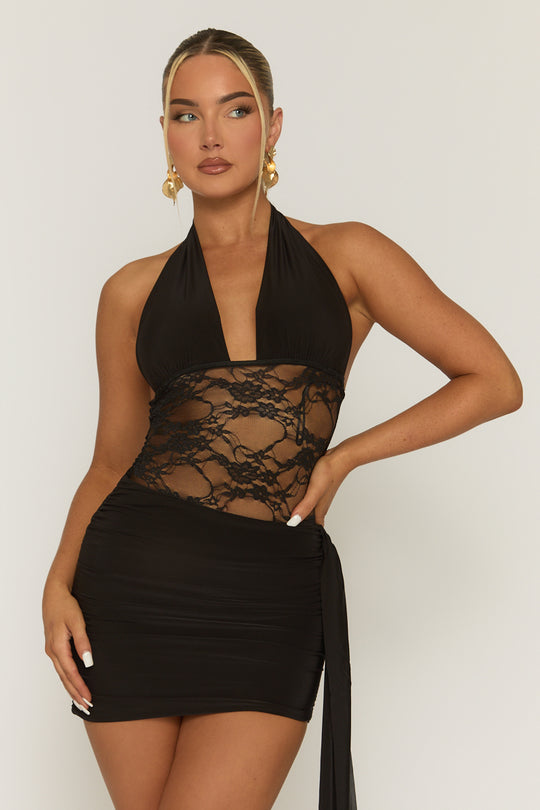 Black Lace Insert Tie Side Mini Dress - Cannes