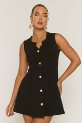 Black Tailored Gold Button Detail Mini Dress - Bari