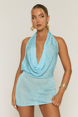 Blue Glitter Crochet Plunge Mini Dress - Roma