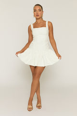 White Woven Square Neck Ruffle Hem Mini Dress - Colmar