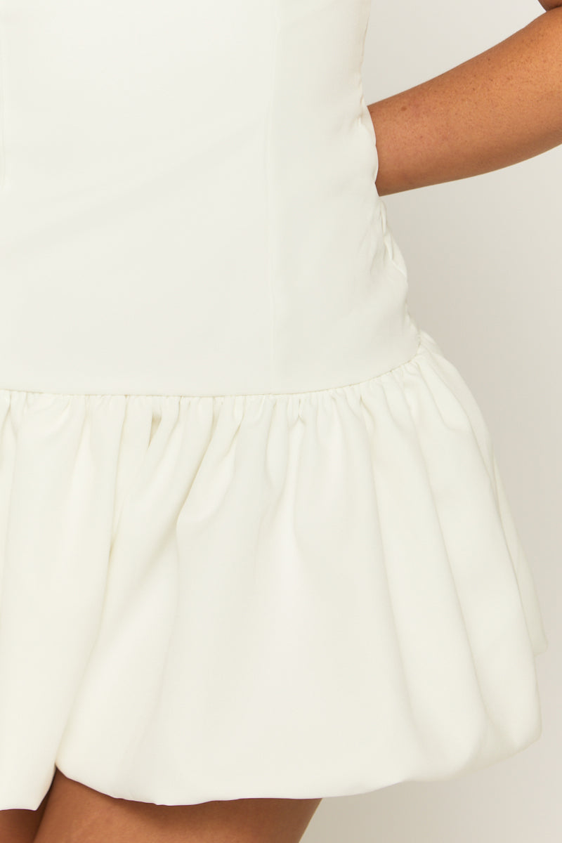 White Woven Square Neck Ruffle Hem Mini Dress - Colmar