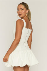 White Woven Square Neck Ruffle Hem Mini Dress - Colmar