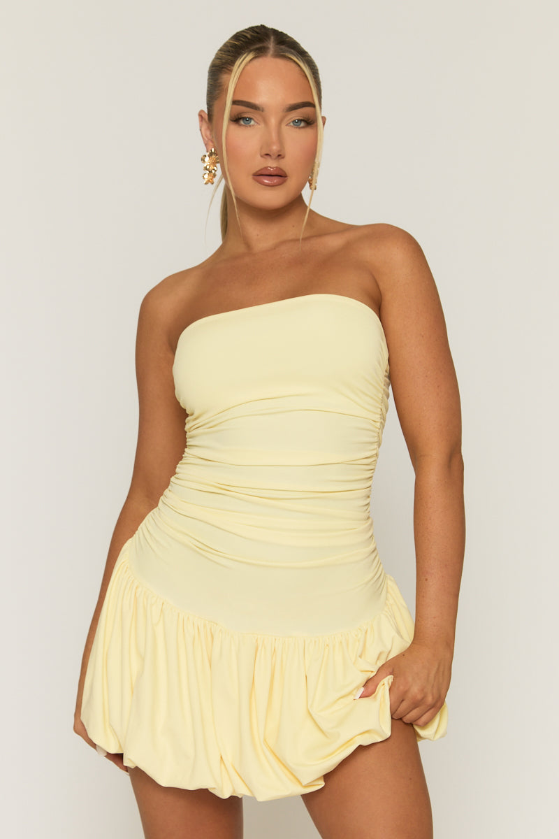 Butter Yellow Bandeau Puffball Hem Mini Dress - Belgium