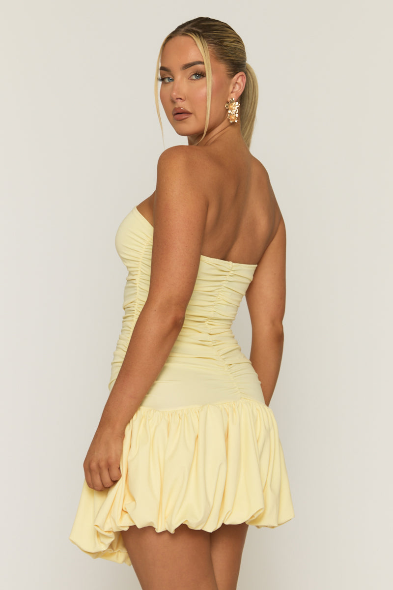 Butter Yellow Bandeau Puffball Hem Mini Dress - Belgium