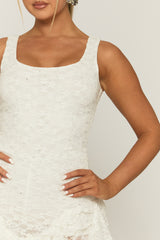 White Diamante Lace Ruffle Playsuit - Madrid