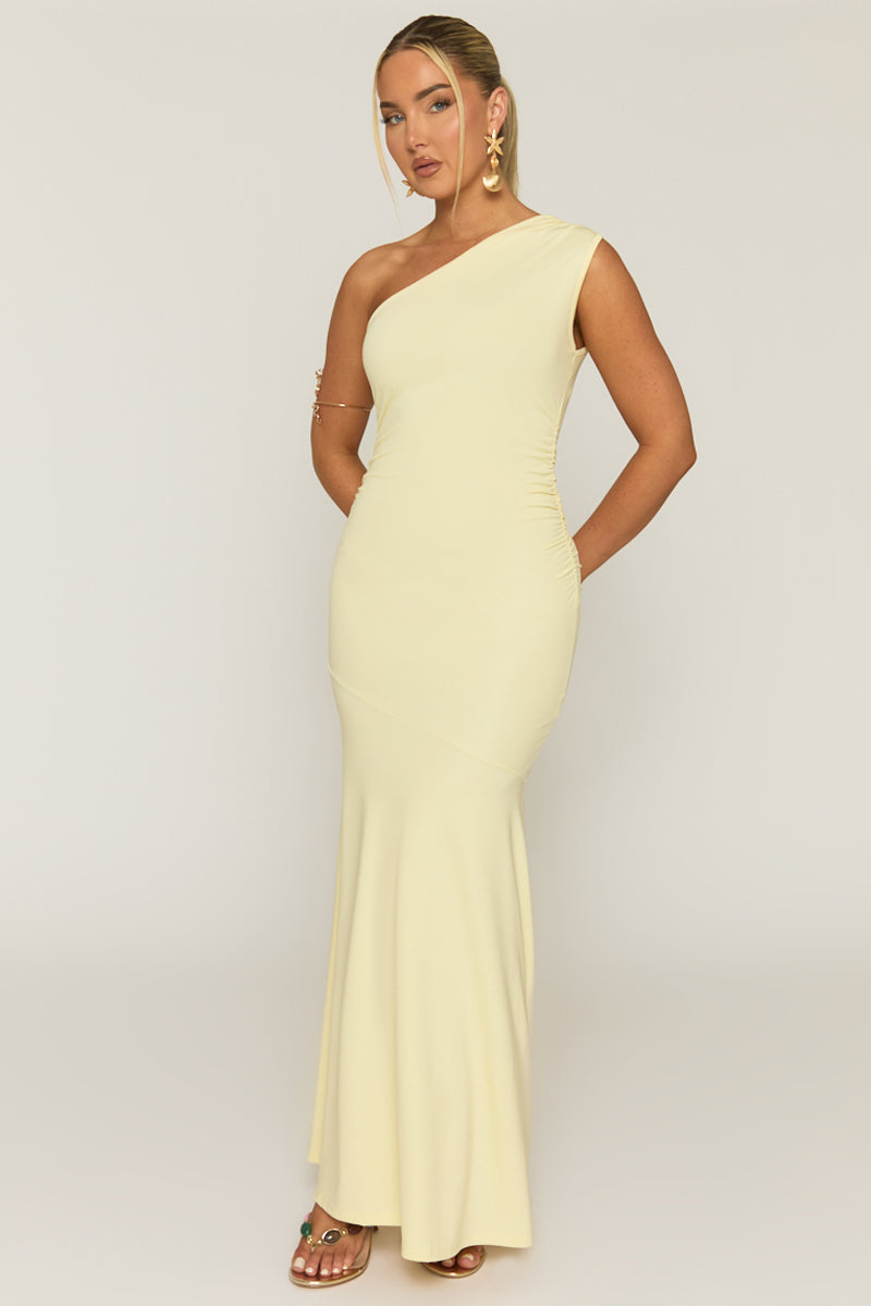Butter Yellow One Shoulder Ruched Maxi Dress | Dresses | Rebellious Fashion Butter Yellow One Shoulder Ruched Maxi Dress | Dresses | Rebellious Fashion