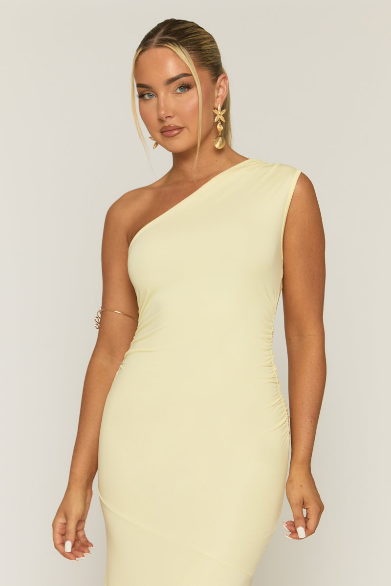 ruched asymmetric one-shoulder maxi dress in buttercream Esme