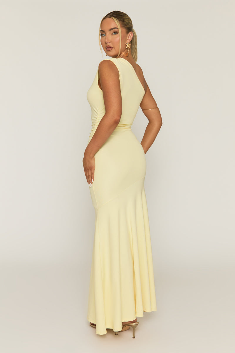Butter Yellow One Shoulder Ruched Maxi Dress | Dresses | Rebellious Fashion Butter Yellow One Shoulder Ruched Maxi Dress | Dresses | Rebellious Fashion
