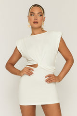 White Shoulder Pad Twist Front Cut Out Mini Dress - Dijon
