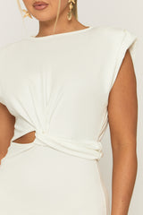 White Shoulder Pad Twist Front Cut Out Mini Dress - Dijon
