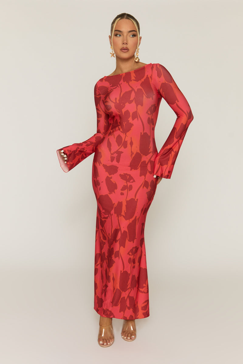 Red Floral Print Flare Sleeve Maxi Dress