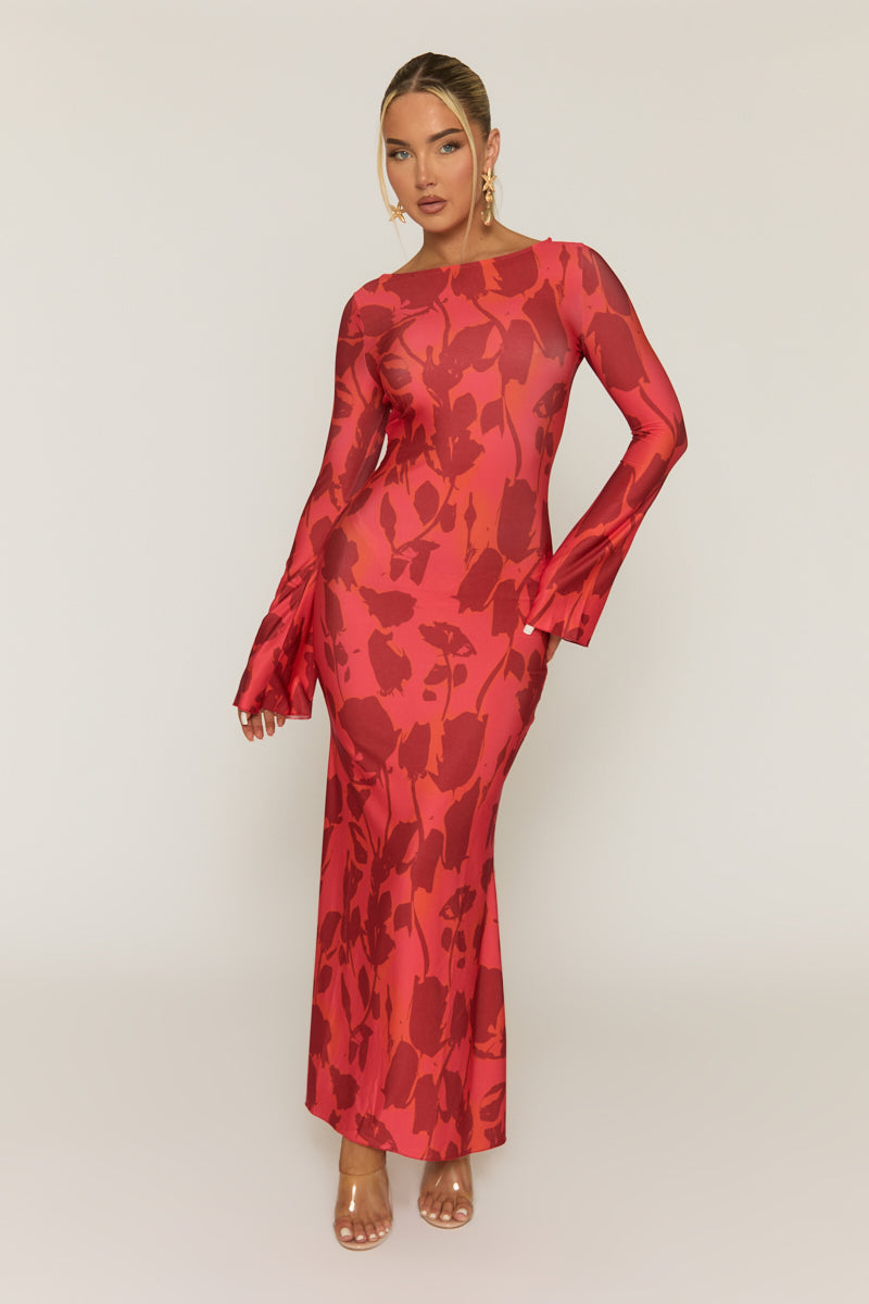 Red Floral Print Flare Sleeve Maxi Dress | Dresses | Rebellious Fashion Red Floral Print Flare Sleeve Maxi Dress | Dresses | Rebellious Fashion